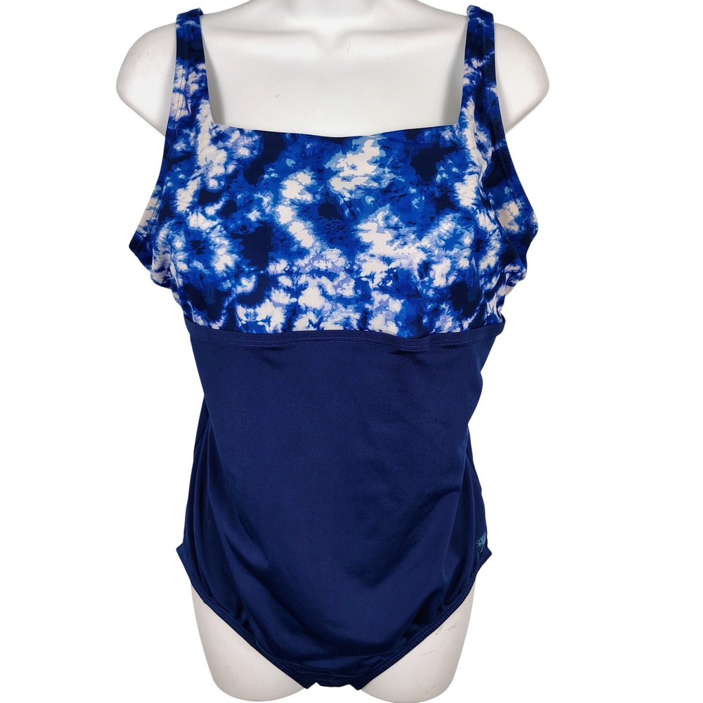 Speedo Womens SZ 16 One Piece Swimsuit Blue Tie Dye Colorblock Athletic